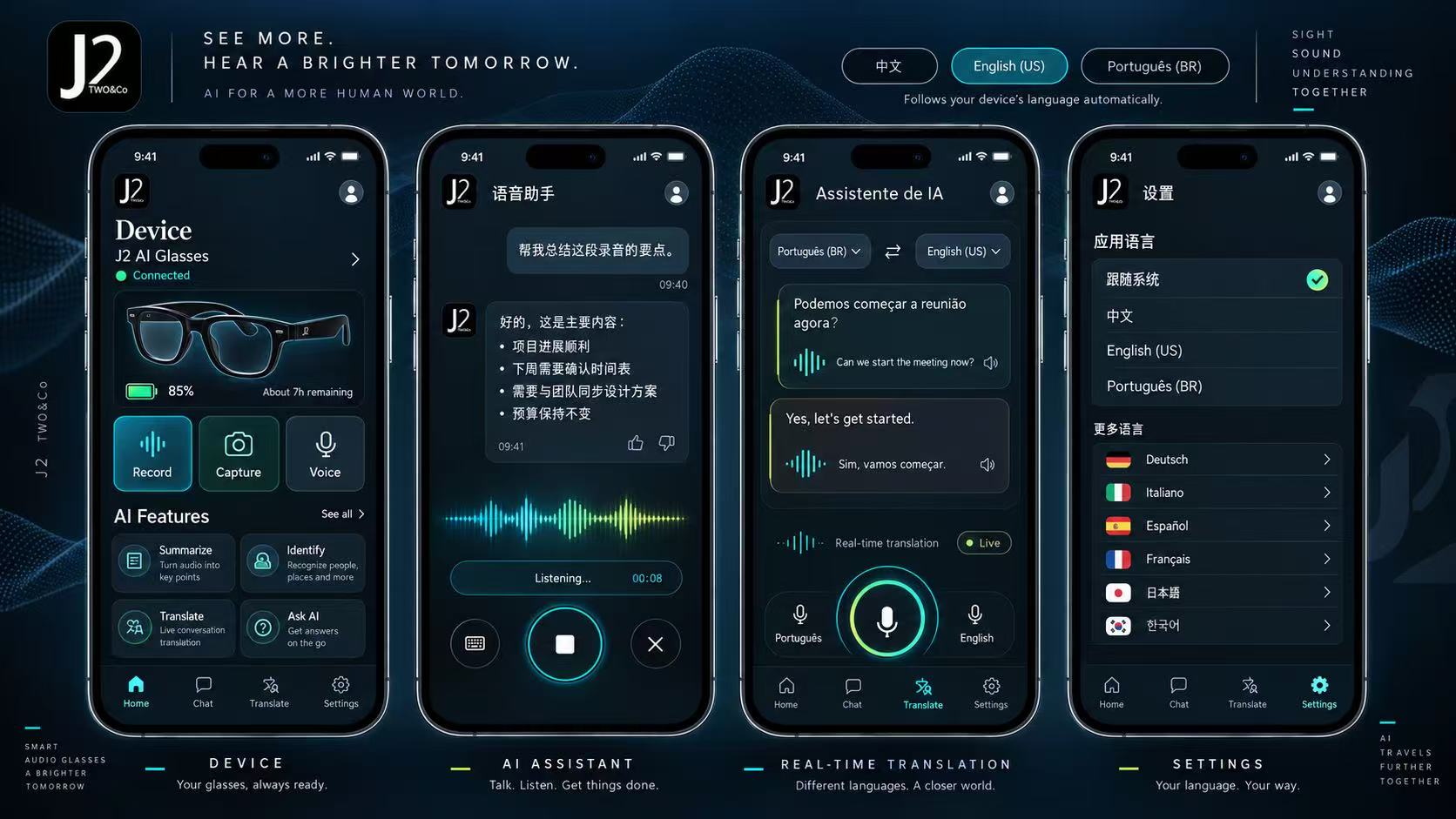 Interface conceitual do aplicativo J2 em português, inglês e chinês